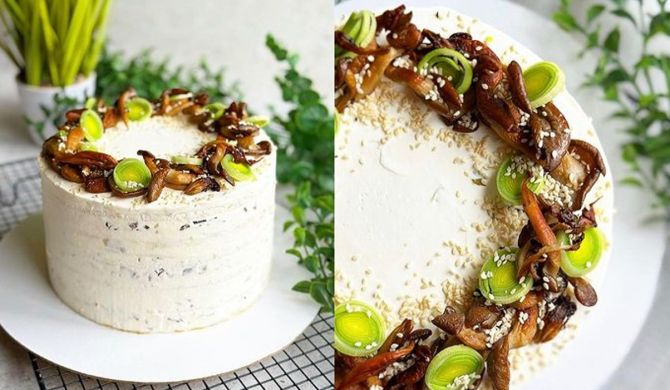 Закусочный торт с курицей и грибами вешенками рецепт