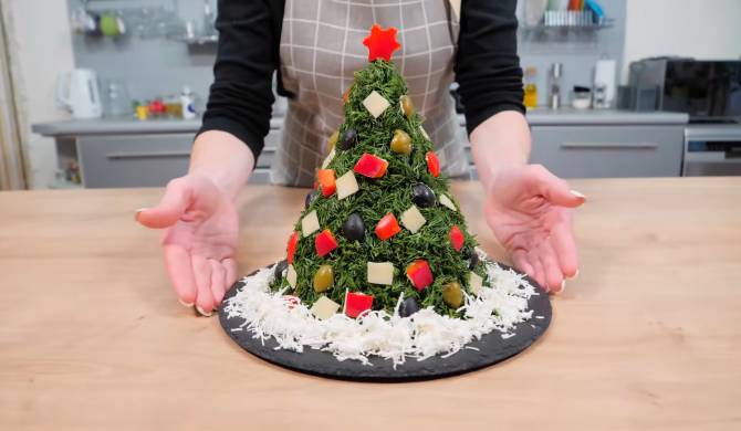 Салат в виде елки на Новый Год простой рецепт с фото пошагово