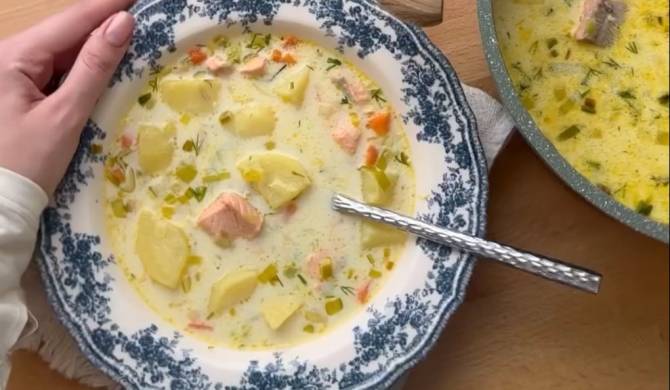 Видео Сливочный финский рыбный суп с семгой рецепт