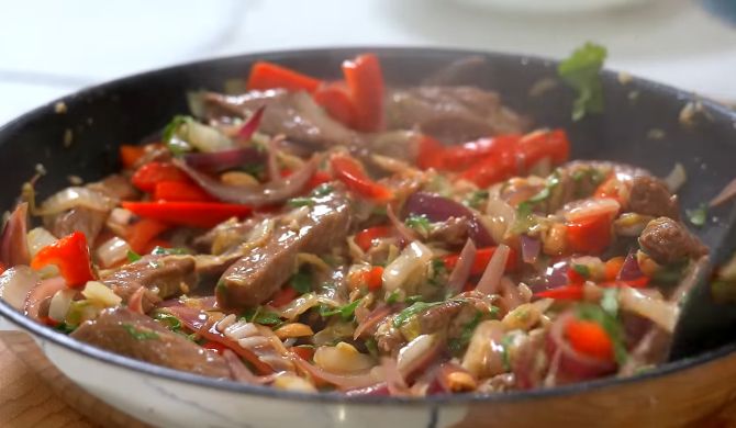 Мясо говядины с овощами на сковороде рецепт